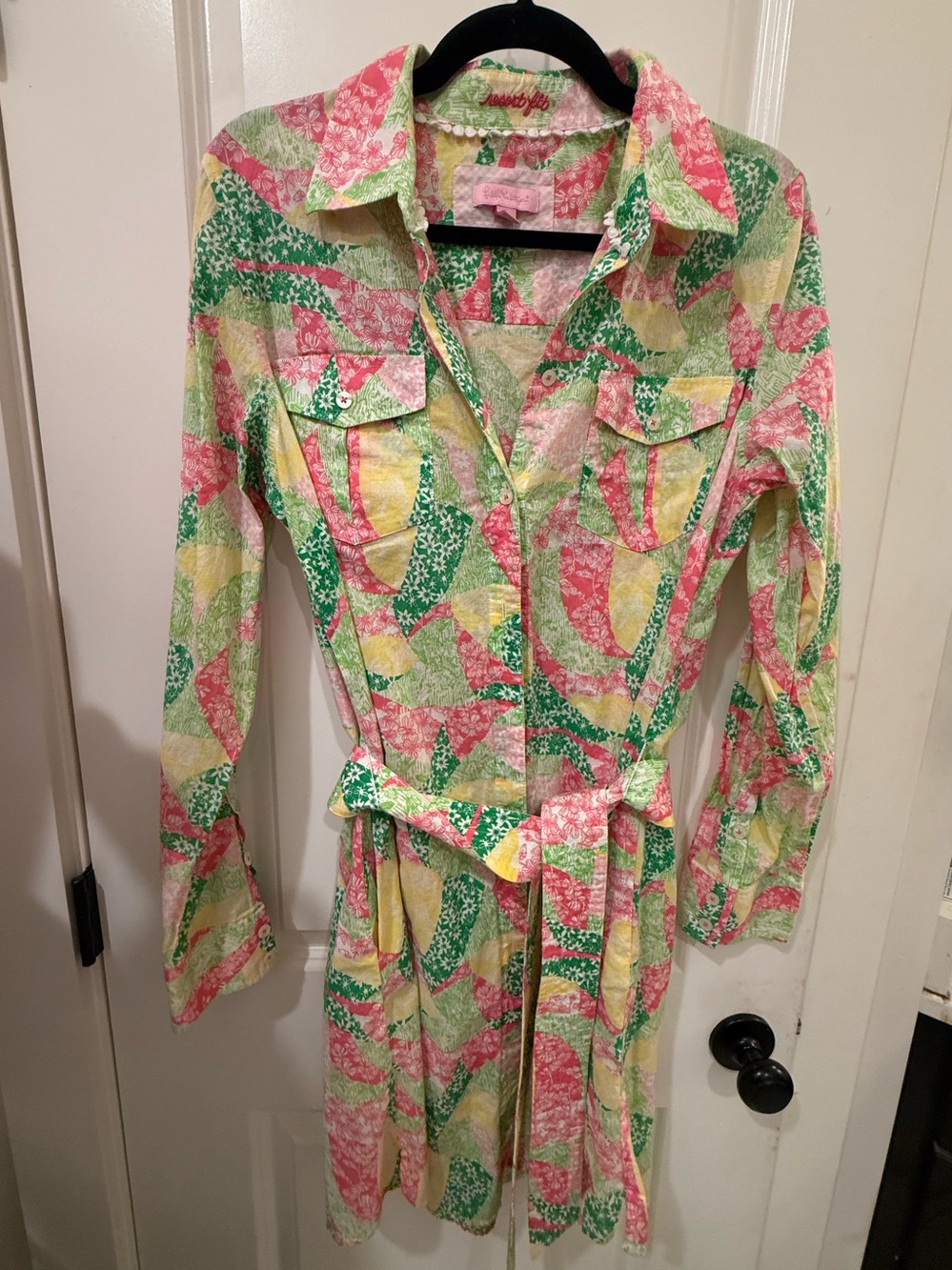 Lilly Pulitzer Pink Green Floral Print Belted Shirt Dress Size L
